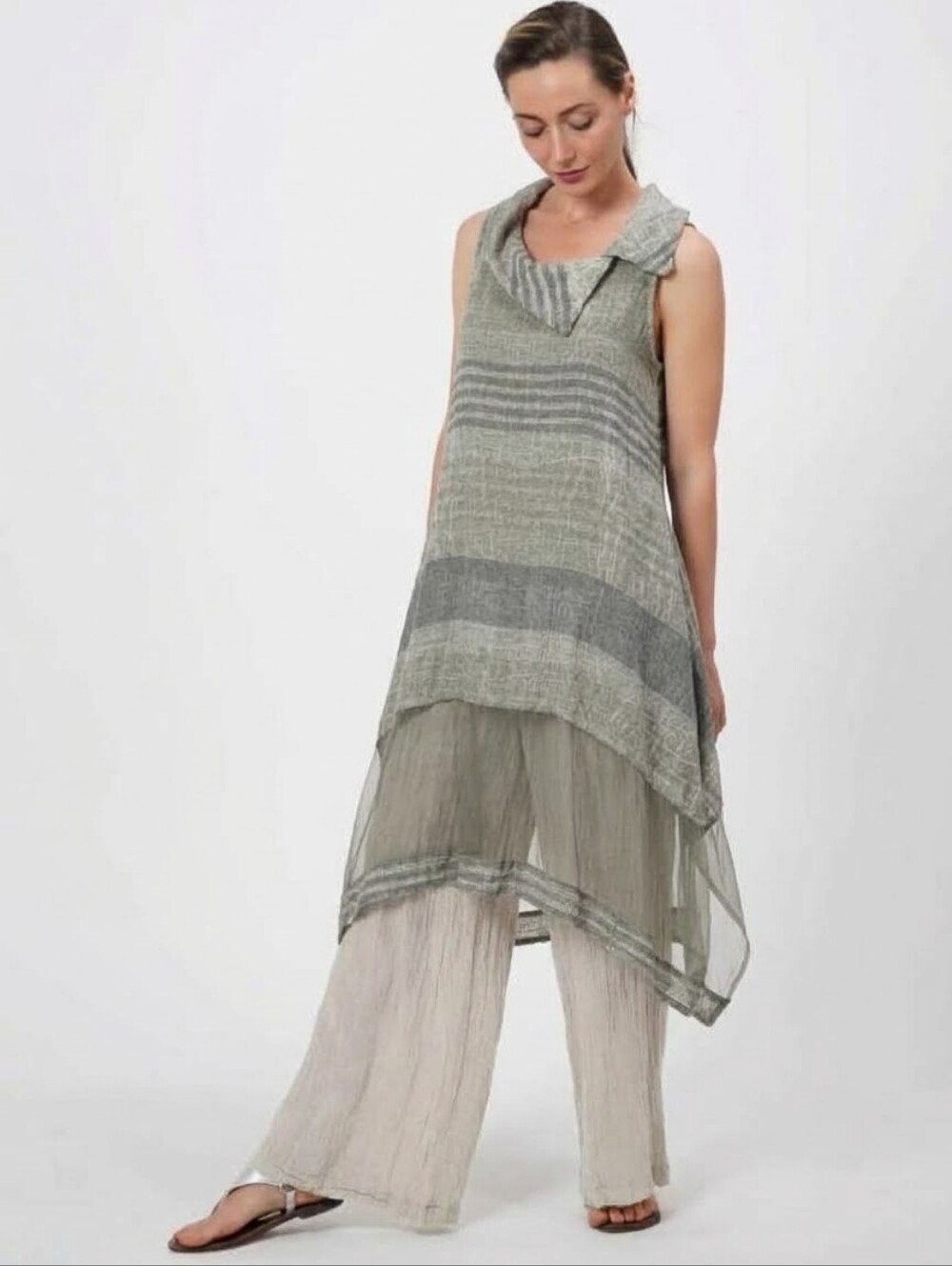 NWT LUUKAA Asymmetric Striped Mesh Hem Tunic Top Dress Gray Size 1 US 8